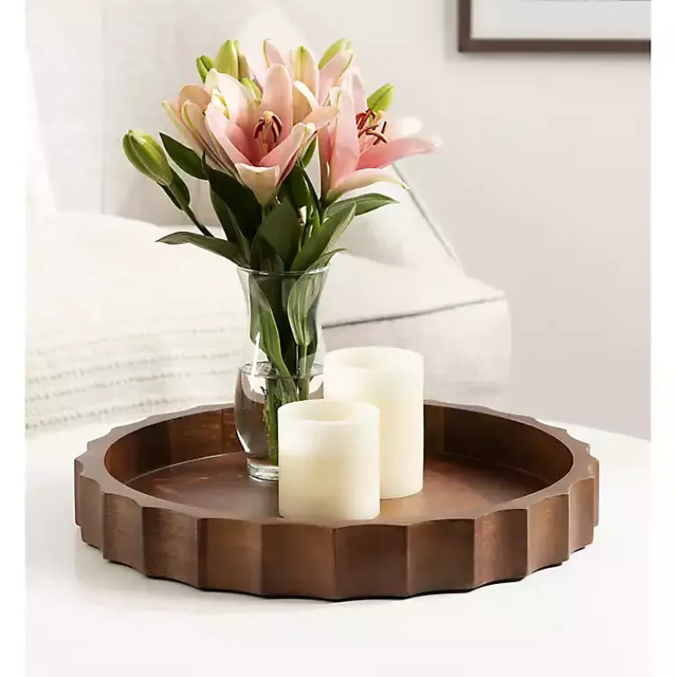 Decorative Trays>Kirklands Home Walnut Fluted Lissi Round Serving Tray Brown