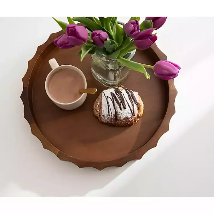 Decorative Trays>Kirklands Home Walnut Fluted Lissi Round Serving Tray Brown