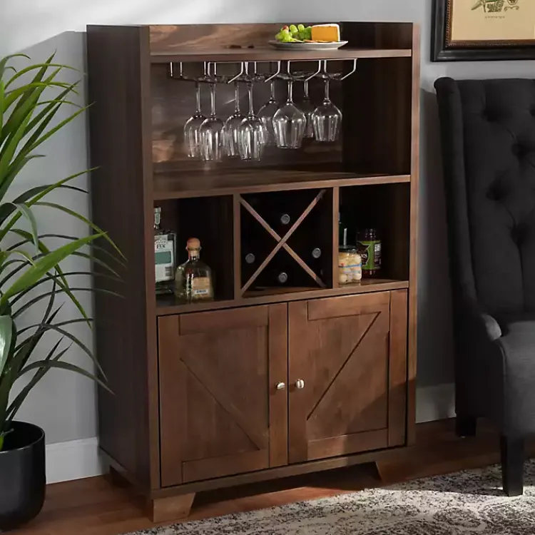 Kirklands Home Walnut Brown Open Shelf Wine Cabinet Sale