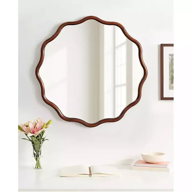Kirklands Home Walnut Wavy Scallop Round Wall Mirror Brown Discount