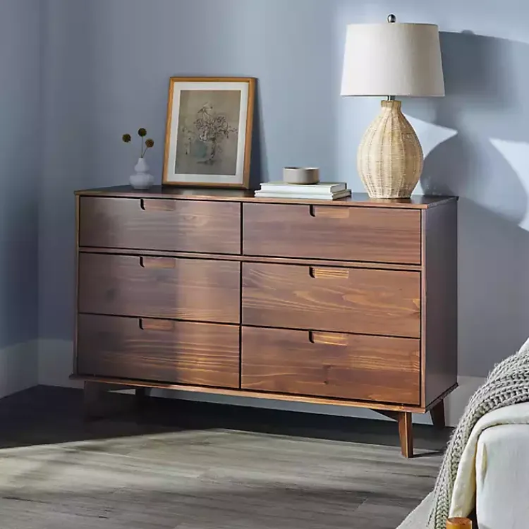 Kirklands Home Walnut Grooved Handle 6-Drawer Dresser Brown New