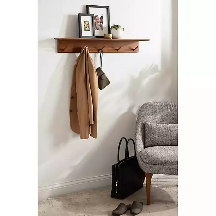 Kirklands Home Walnut Wood Alia Shelf with Hooks New