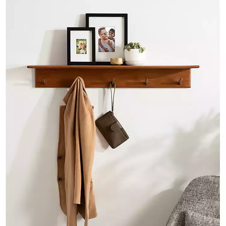 Kirklands Home Walnut Wood Alia Shelf with Hooks New