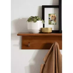 Kirklands Home Walnut Wood Alia Shelf with Hooks New