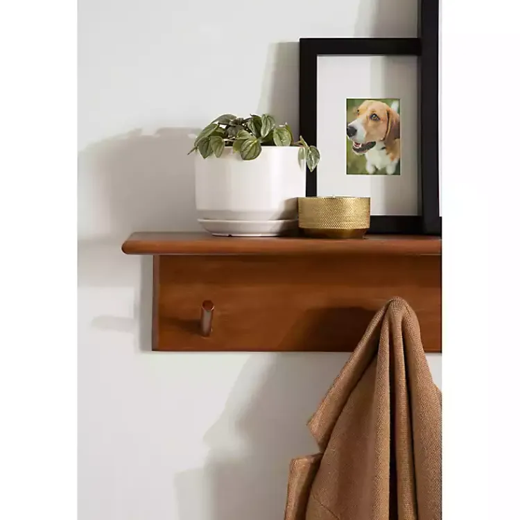 Kirklands Home Walnut Wood Alia Shelf with Hooks New