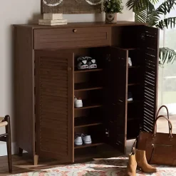 Kirklands Home Walnut Wood 11-Shelf Paneled Shoe Cabinet Brown New