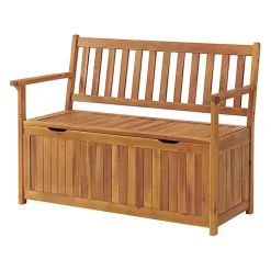 Kirklands Home Warm Acacia Wood Slatted Outdoor Storage Bench Brown New