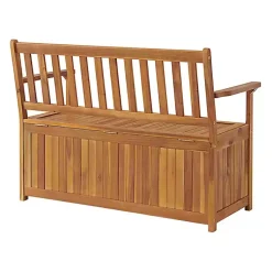 Kirklands Home Warm Acacia Wood Slatted Outdoor Storage Bench Brown New