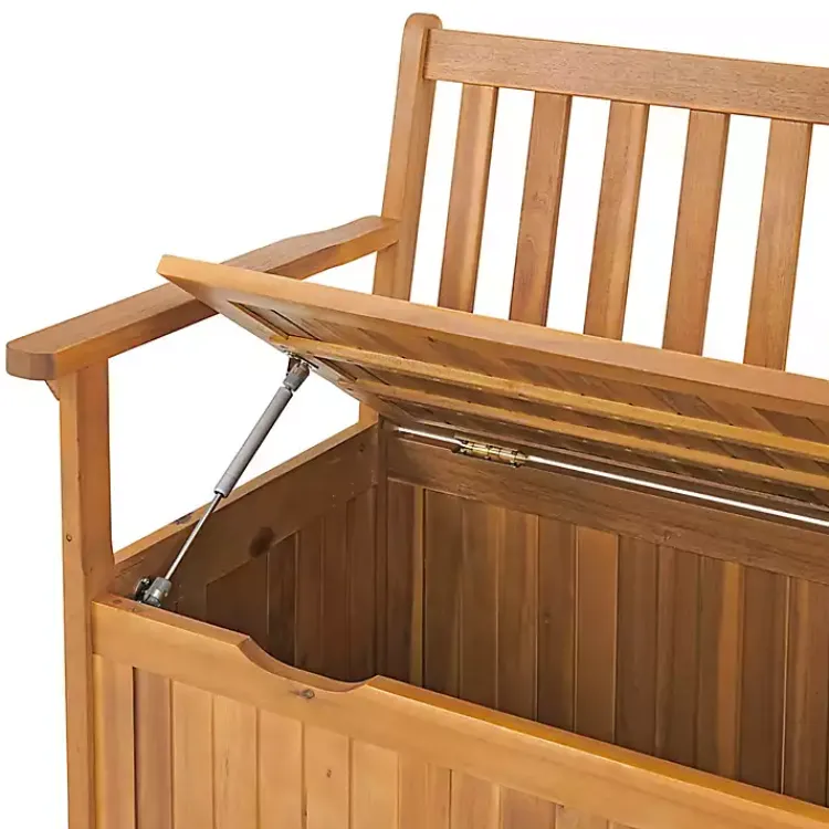 Kirklands Home Warm Acacia Wood Slatted Outdoor Storage Bench Brown New