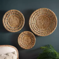 Kirklands Home Water Hyacinth Basket Wall Plaques, Set of 3 Tan