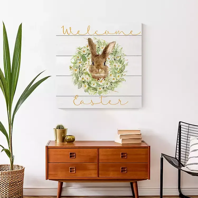 Easter Decorations>Kirklands Home Welcome Easter Bunny Wreath Canvas Art Print