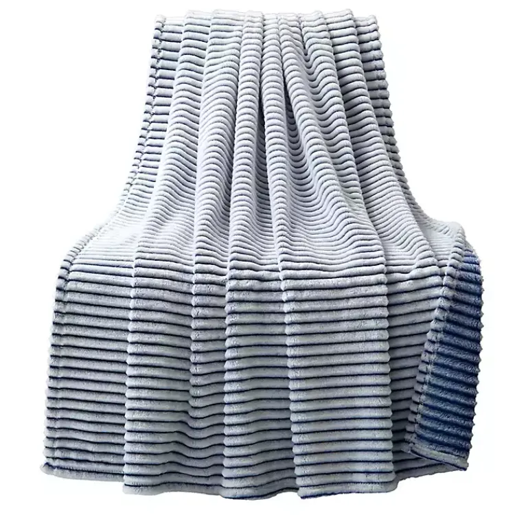 Blankets & Throws>Kirklands Home White & Navy Ribbed Ultra Soft Faux Fur Throw Blue