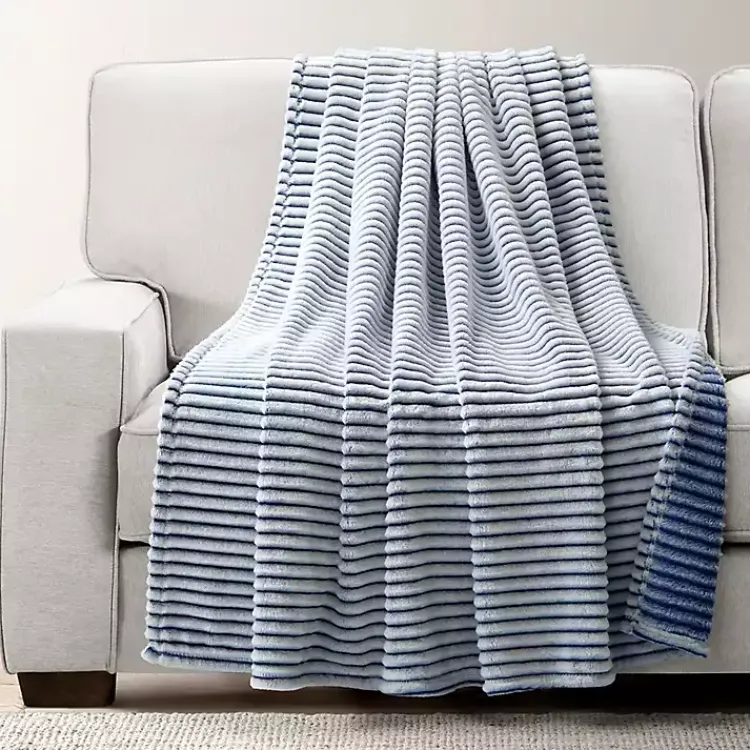 Blankets & Throws>Kirklands Home White & Navy Ribbed Ultra Soft Faux Fur Throw Blue