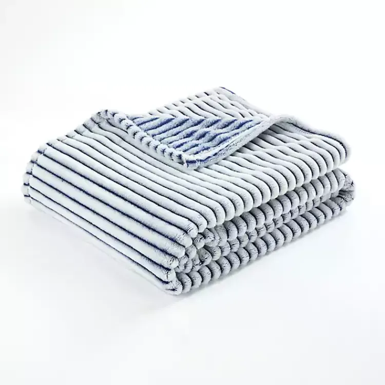Blankets & Throws>Kirklands Home White & Navy Ribbed Ultra Soft Faux Fur Throw Blue