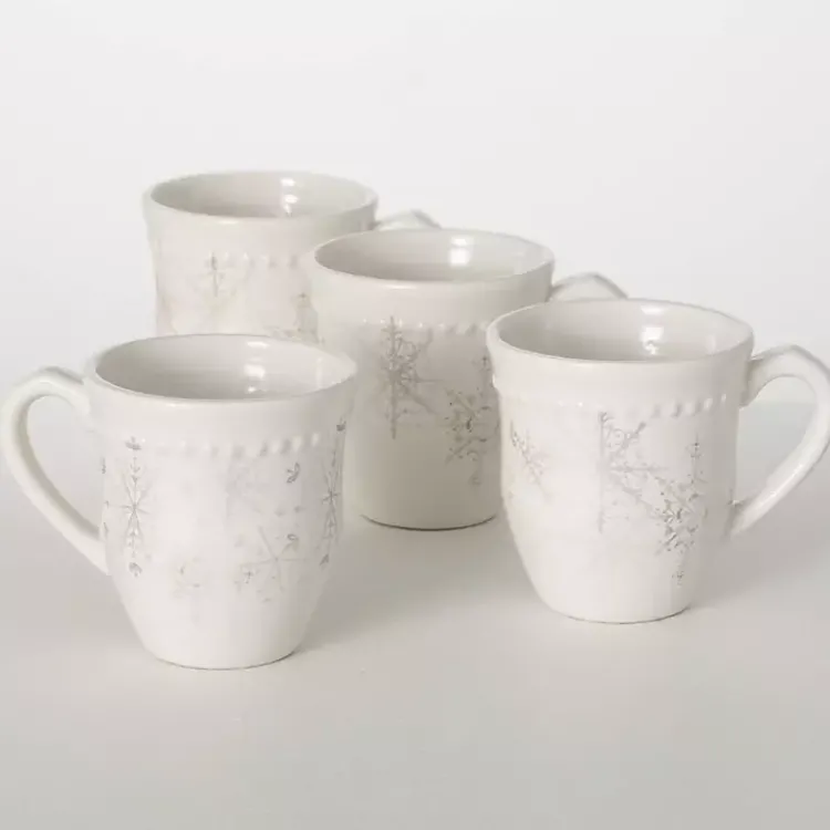 Christmas Dining & Entertaining>Kirklands Home White & Silver Snowflake Christmas Mugs, Set of 4