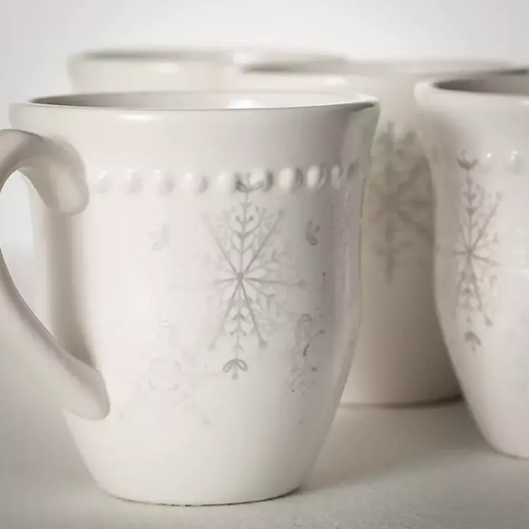 Christmas Dining & Entertaining>Kirklands Home White & Silver Snowflake Christmas Mugs, Set of 4