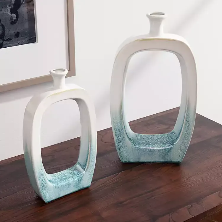 Vases>Kirklands Home White & Turquoise Ceramic Cut-Out Vase, 14 in.