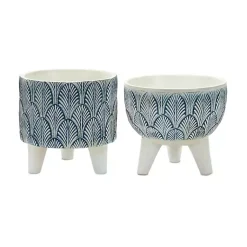 Kirklands Home White and Blue Geometric Pots with Legs, Set of 2 Clearance