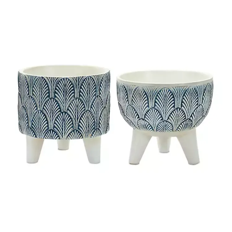 Kirklands Home White and Blue Geometric Pots with Legs, Set of 2 Clearance