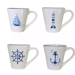 Kirklands Home White and Blue Nautical Mugs, Set of 4 Hot