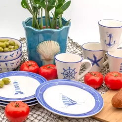 Kirklands Home White and Blue Nautical Mugs, Set of 4 Hot
