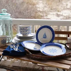 Kirklands Home White and Blue Nautical Salad Plate Set, Set of 4 Clearance