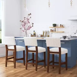 Kirklands Home White and Blue Striped Dark Walnut Counter Stool New