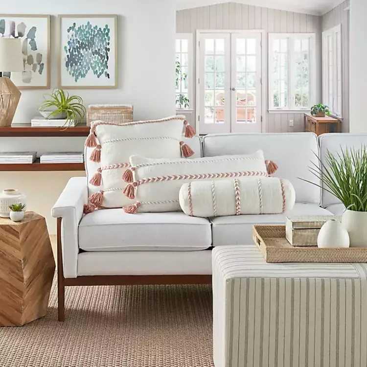 Pillows>Kirklands Home White and Blush Braided Stripe Lumbar Pillow