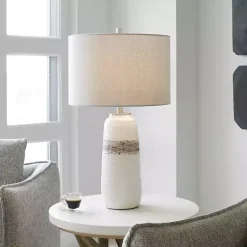 Kirklands Home White and Brown Distressed Stripe Table Lamp Gray Discount