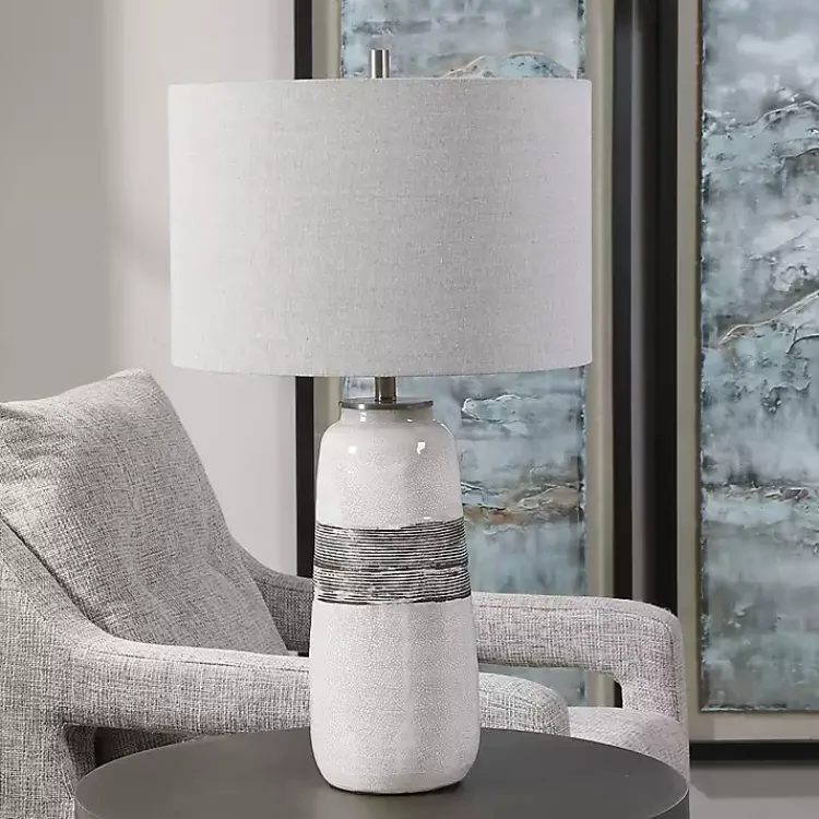 Kirklands Home White and Brown Distressed Stripe Table Lamp Gray Discount