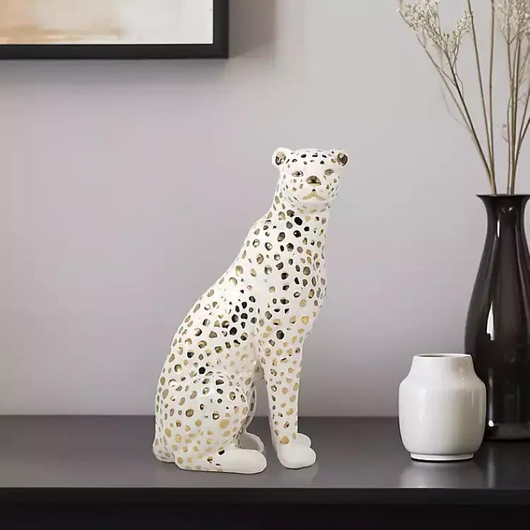 Statues & Figurines>Kirklands Home White and Gold Ceramic Sitting Leopard Statue