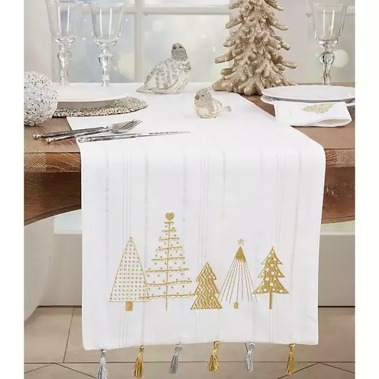 Christmas Dining & Entertaining>Kirklands Home White and Gold Christmas Tree Table Runner