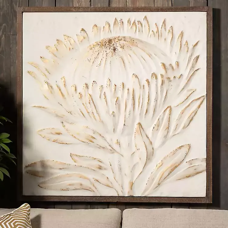 Kirklands Home White and Gold Protea Framed Wall Plaque