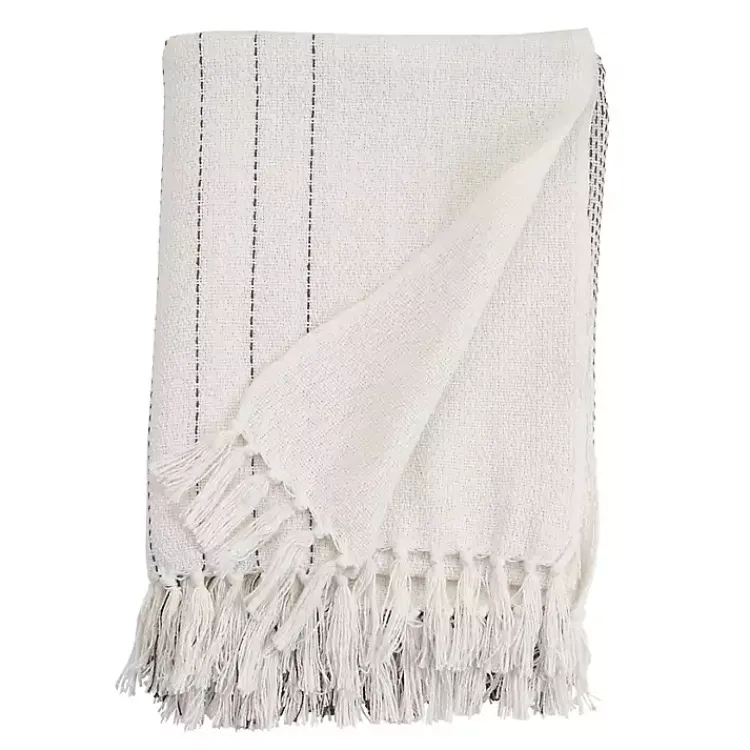 Blankets & Throws>Kirklands Home and Gray Striped and Fringe Throw Blanket White