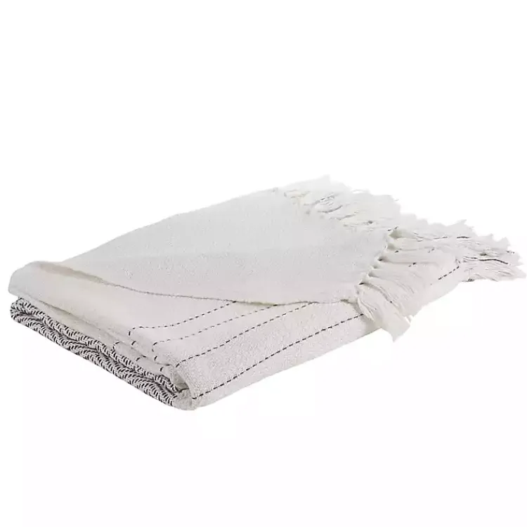 Blankets & Throws>Kirklands Home and Gray Striped and Fringe Throw Blanket White