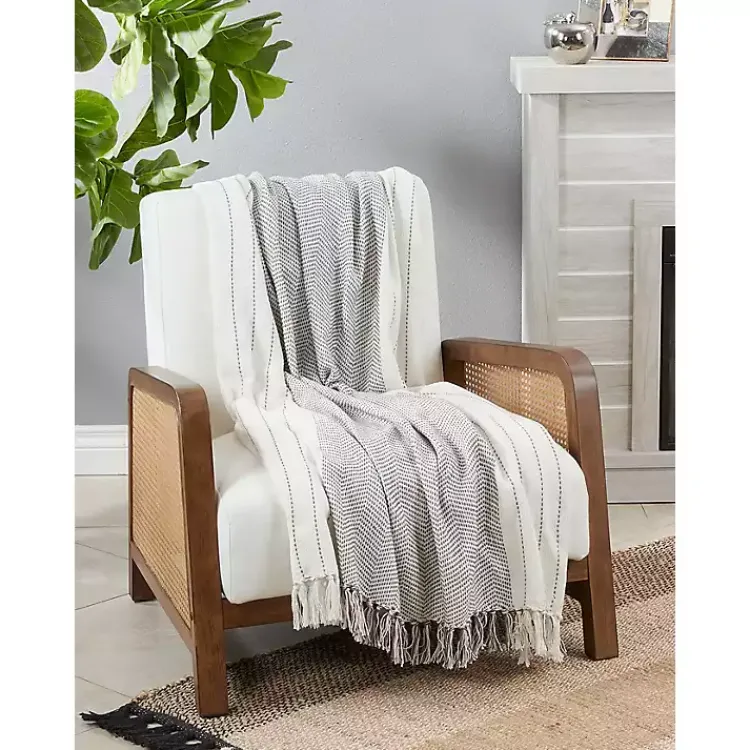 Blankets & Throws>Kirklands Home and Gray Striped and Fringe Throw Blanket White