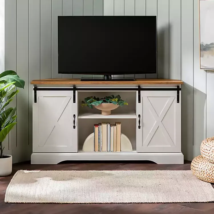 Kirklands Home and Natural Sliding Barn Door TV Stand White Clearance