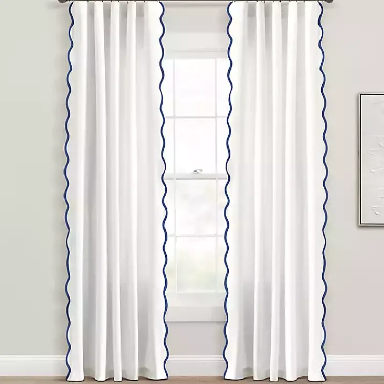 Kirklands Home White and Navy Scalloped Curtain Panel Set, 84 in. Sale
