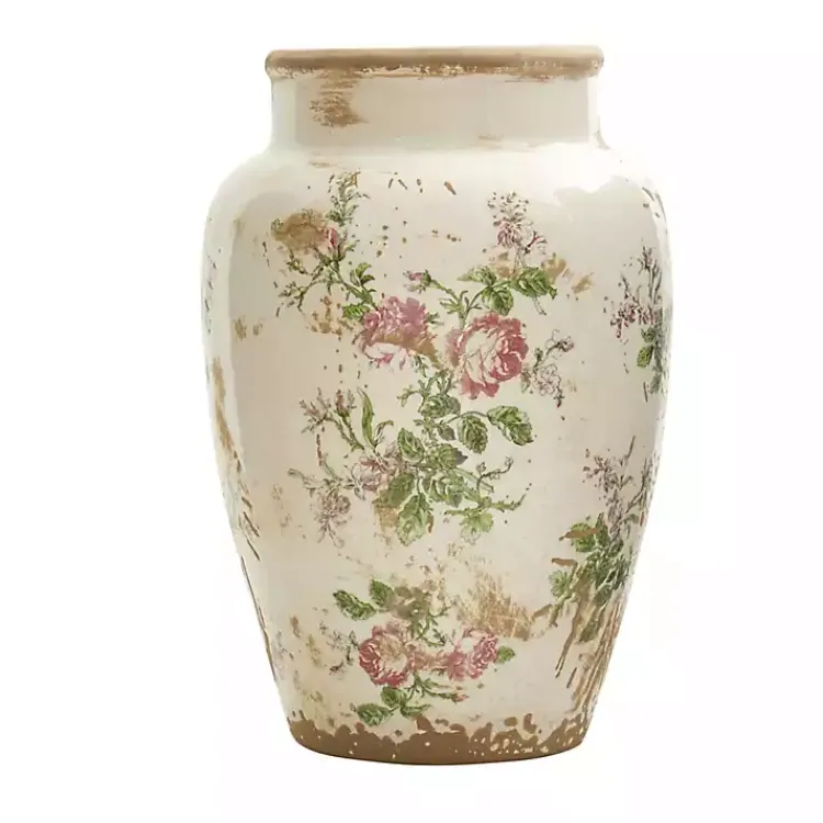 Vases>Kirklands Home White and Pink Floral Ceramic Vase