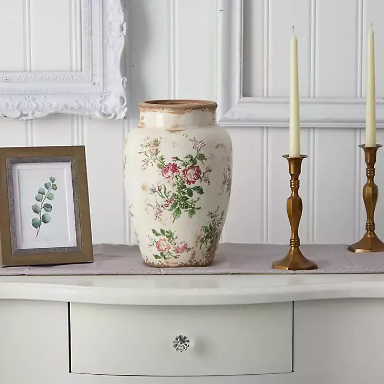 Vases>Kirklands Home White and Pink Floral Ceramic Vase