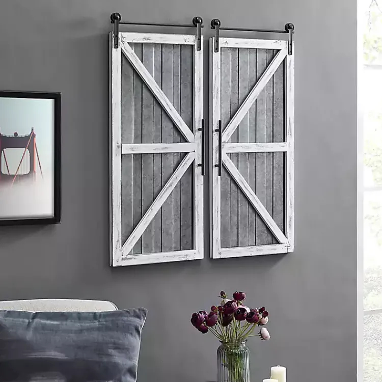 Kirklands Home White Barn Door Galvanized Wall Plaques, Set of 2 Gray Clearance