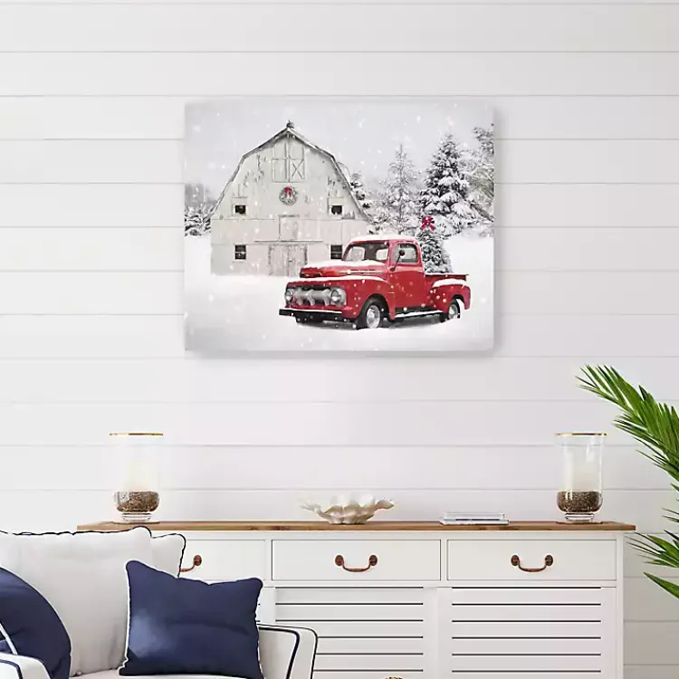Christmas Art & Wall Decor>Kirklands Home Barn Red Truck Christmas Tree Canvas Print White