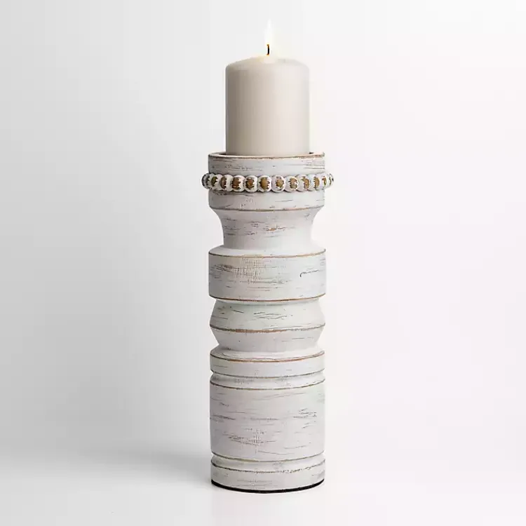 Candle Holders>Kirklands Home Beaded Wood Pillar Candle Holder, 11 in. White