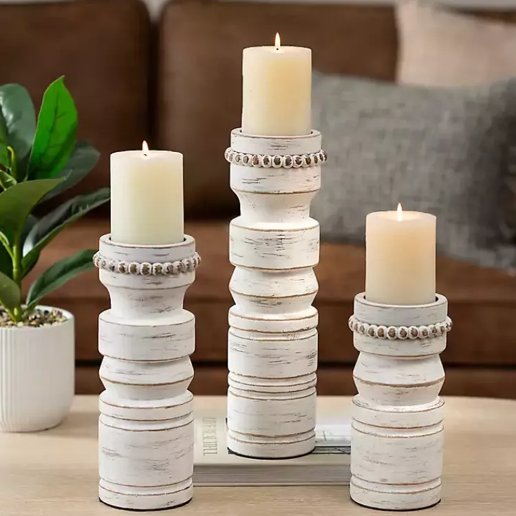 Candle Holders>Kirklands Home Beaded Wood Pillar Candle Holder, 14 in. White