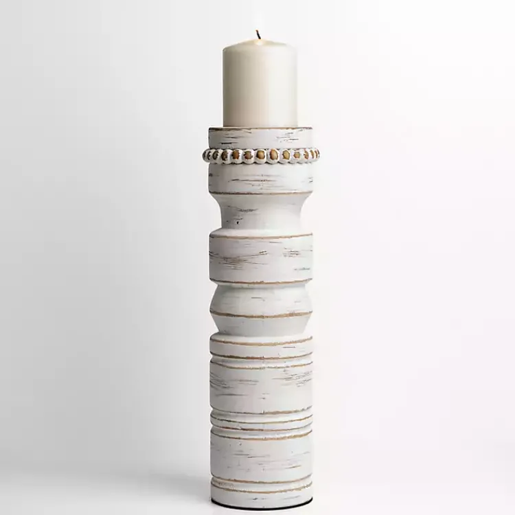 Candle Holders>Kirklands Home Beaded Wood Pillar Candle Holder, 14 in. White