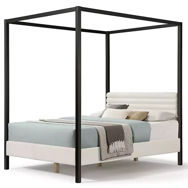 Kirklands Home White Boucle Upholstered Black Canopy Queen Bed Discount