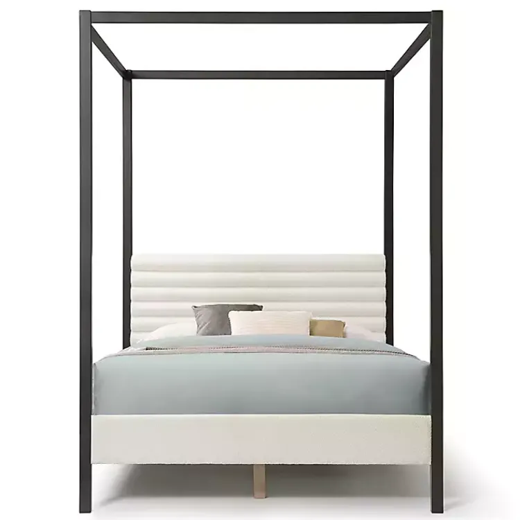 Kirklands Home White Boucle Upholstered Black Canopy Queen Bed Discount