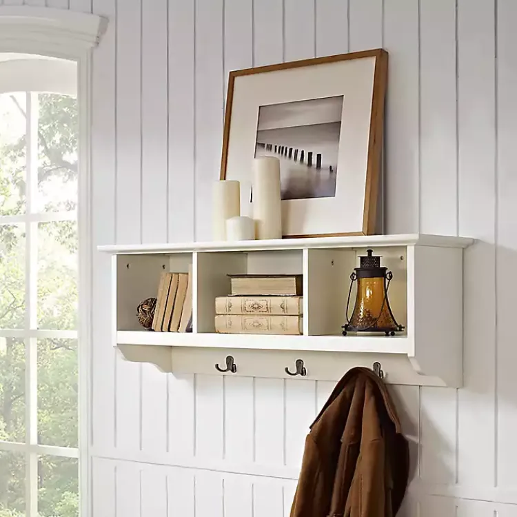 Kirklands Home White Brenna Storage Shelf with Hooks