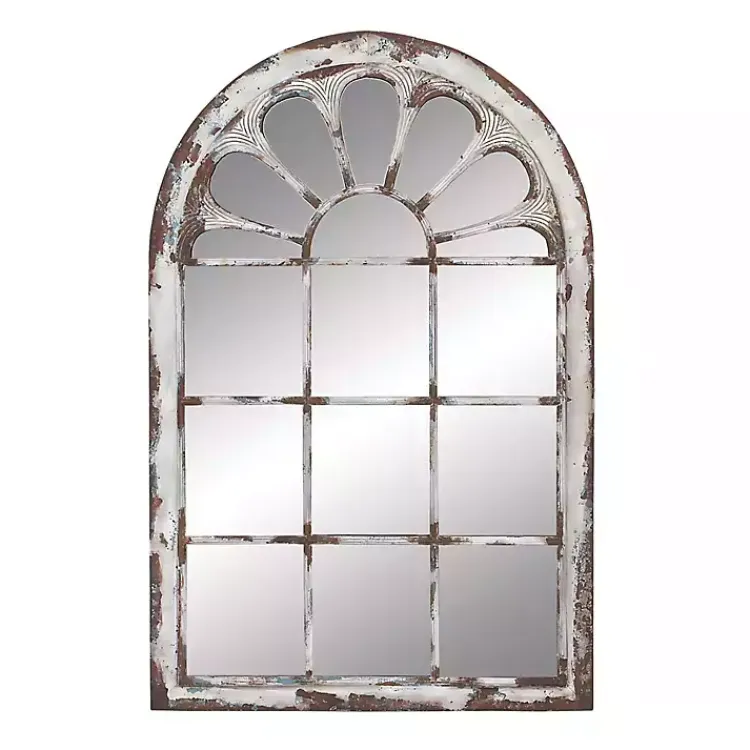 Kirklands Home White Brown Rustic Window Iron Frame Wall Mirror Sale