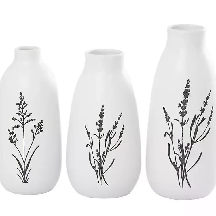 Vases>Kirklands Home White Ceramic Botanical Print Vases, Set of 3